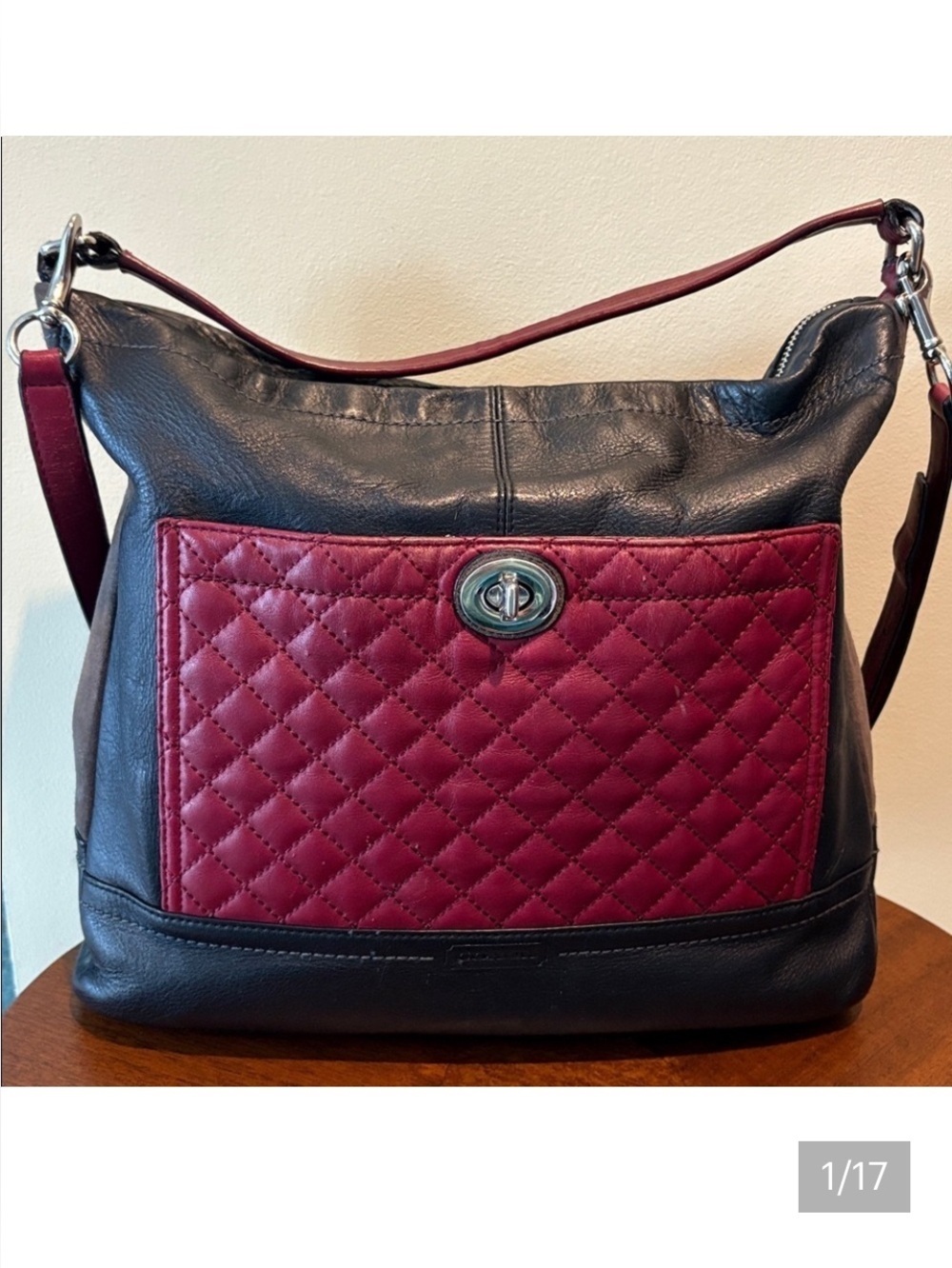 Coach Park color block quilted leather hobo  black burgundy/ gray suede side
